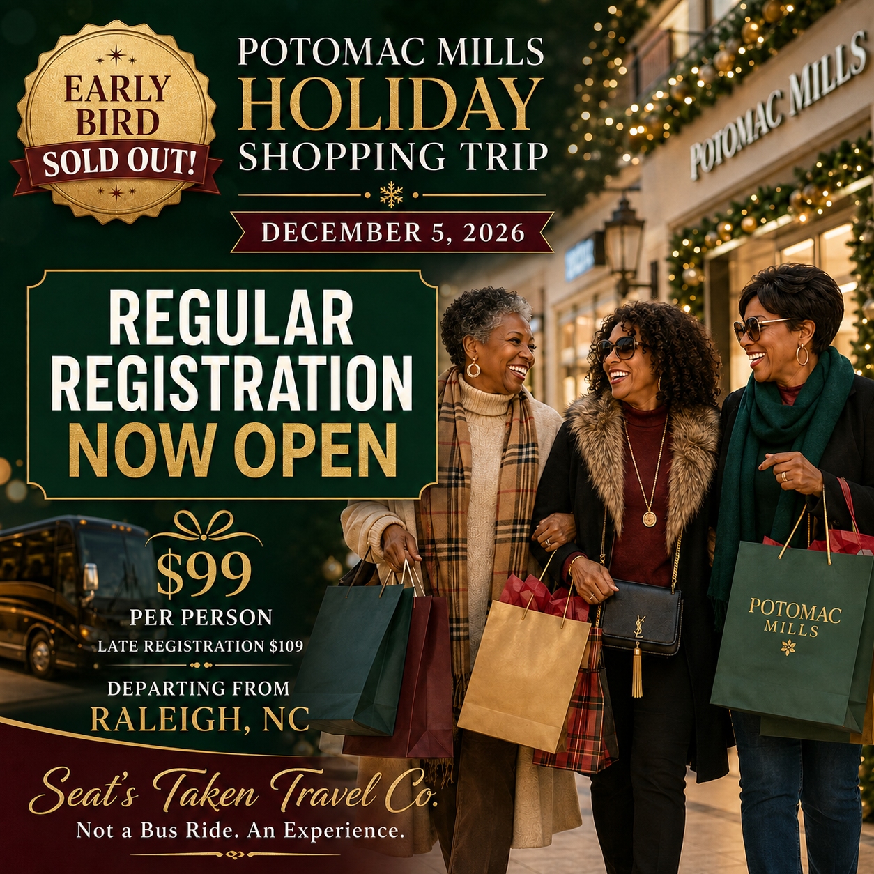 Potomac Mills Holiday Shopping travel package flyer
